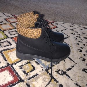 Women's black and leopard ankle boots.